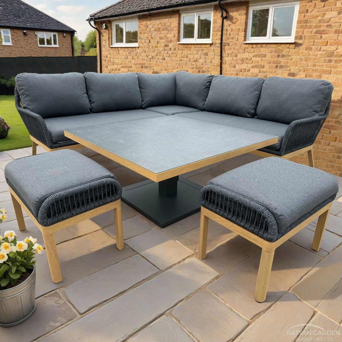 Rimini Aluminium & Rope (Teak Look) Corner Sofa Set
