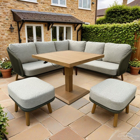 Ferrara Aluminium & Rope (Teak Look) Corner Dining Set with Rising Table