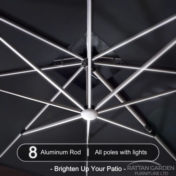 Deluxe 3m Square Cantilever Parasol with LED Lights in Grey with Base