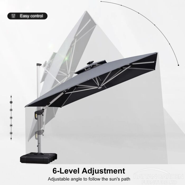 Deluxe 3m Square Cantilever Parasol with LED Lights in Grey with Base