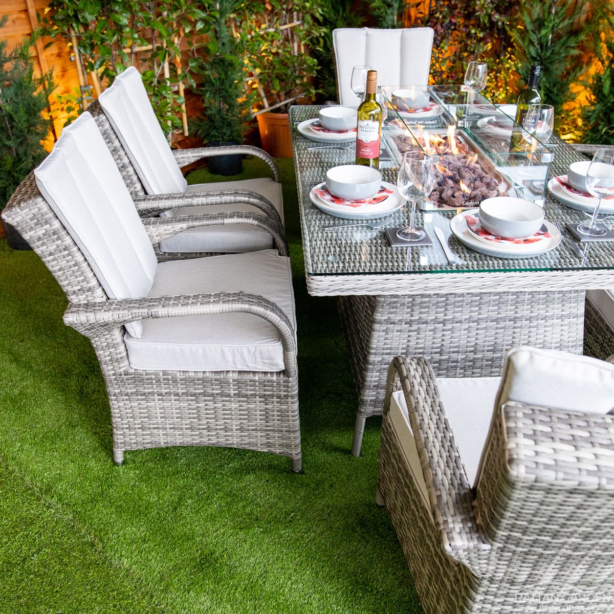 Champagne Rattan Tokyo Rectangular 6 Seater Fire Pit Dining Set