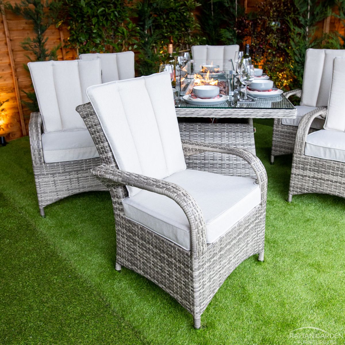 Champagne Rattan Tokyo Rectangular 6 Seater Fire Pit Dining Set