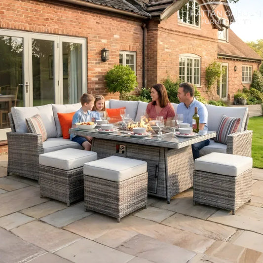 Rattan Champagne Hampton Corner Sofa Dining Set With Fire Set