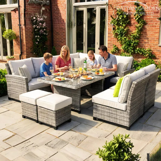Champagne Rattan Madison Corner Dining Firepit Set