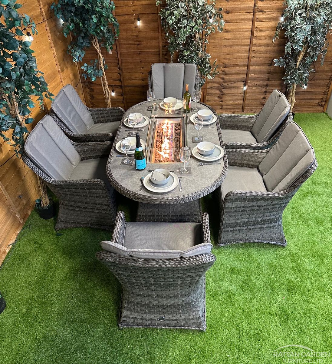 Serena Rattan Vienna 6 Seater Oval Fire Pit Dining Set
