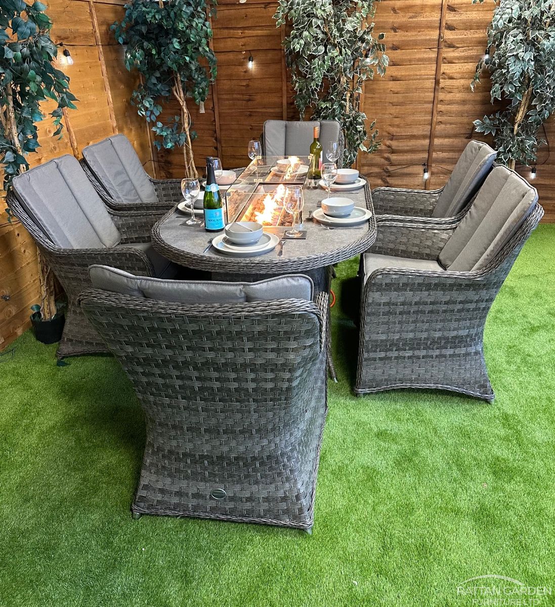 Serena Rattan Vienna 6 Seater Oval Fire Pit Dining Set