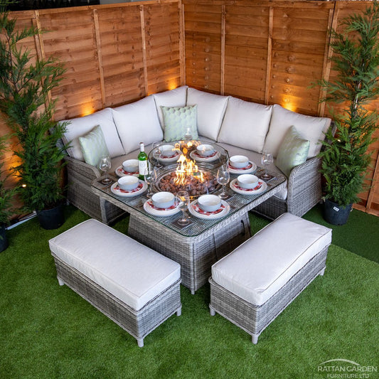 Rattan Champagne Miami Corner Fire Pit Dining Set