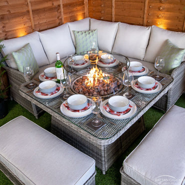 Rattan Champagne Miami Corner Fire Pit Dining Set