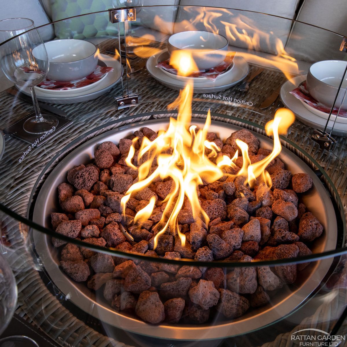 Rattan Champagne Miami Corner Fire Pit Dining Set