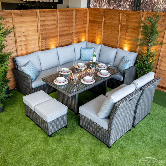 Rattan Platinum Madison Corner Dining Set With Fire Pit