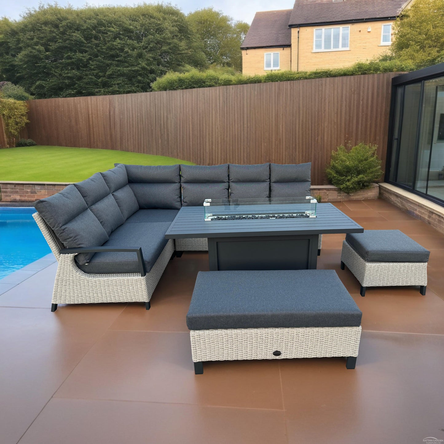 Rattan & Aluminium Cambridge Corner Firepit Sofa Set