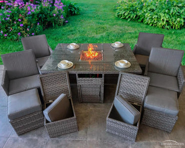 Serena Rattan 4 Seat Firepit Cube Set with 4 Footstools