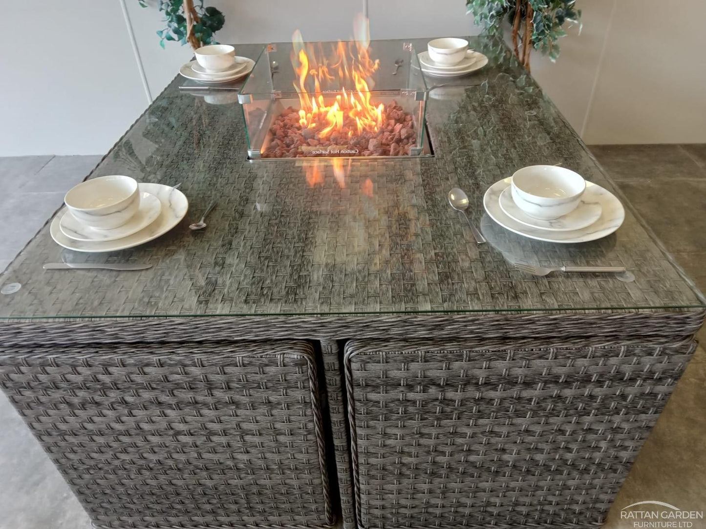 Serena Rattan 4 Seat Firepit Cube Set with 4 Footstools