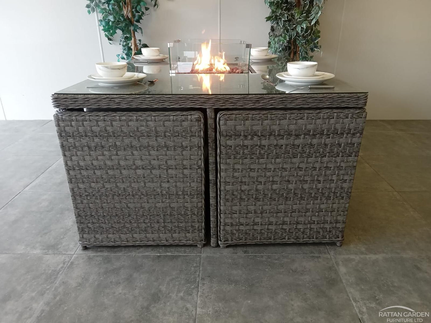 Serena Rattan 4 Seat Firepit Cube Set with 4 Footstools
