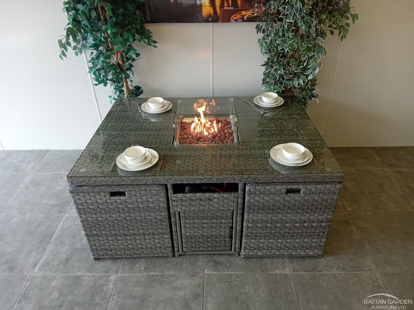 Serena Rattan 4 Seat Firepit Cube Set with 4 Footstools