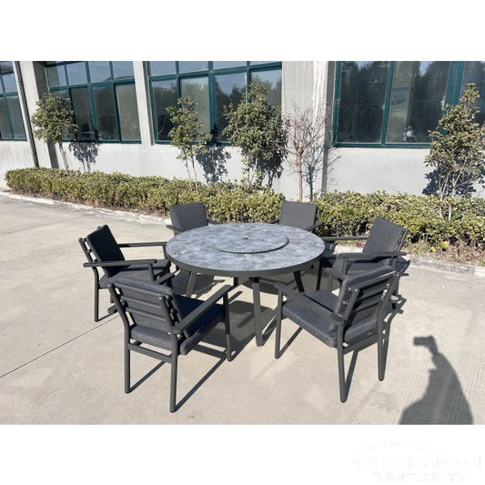 New 2025 Deluxe 6 Seat Pattern Glass Top Aluminium Dining Set