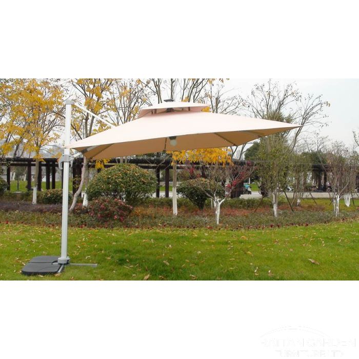 Deluxe 3m Square LED Cantilever Rattan Parasol In Cream