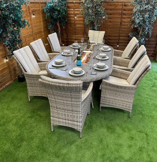 Champagne Rattan Atlanta 8 Seater Oval Fire Pit Dining Set