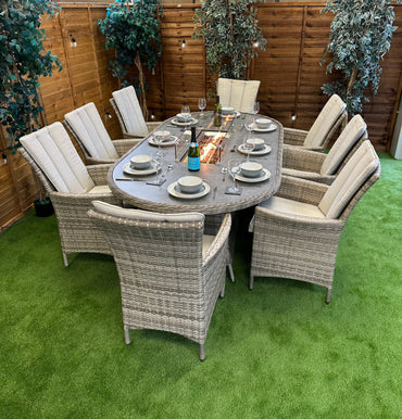 Champagne Rattan Atlanta 8 Seater Oval Fire Pit Dining Set
