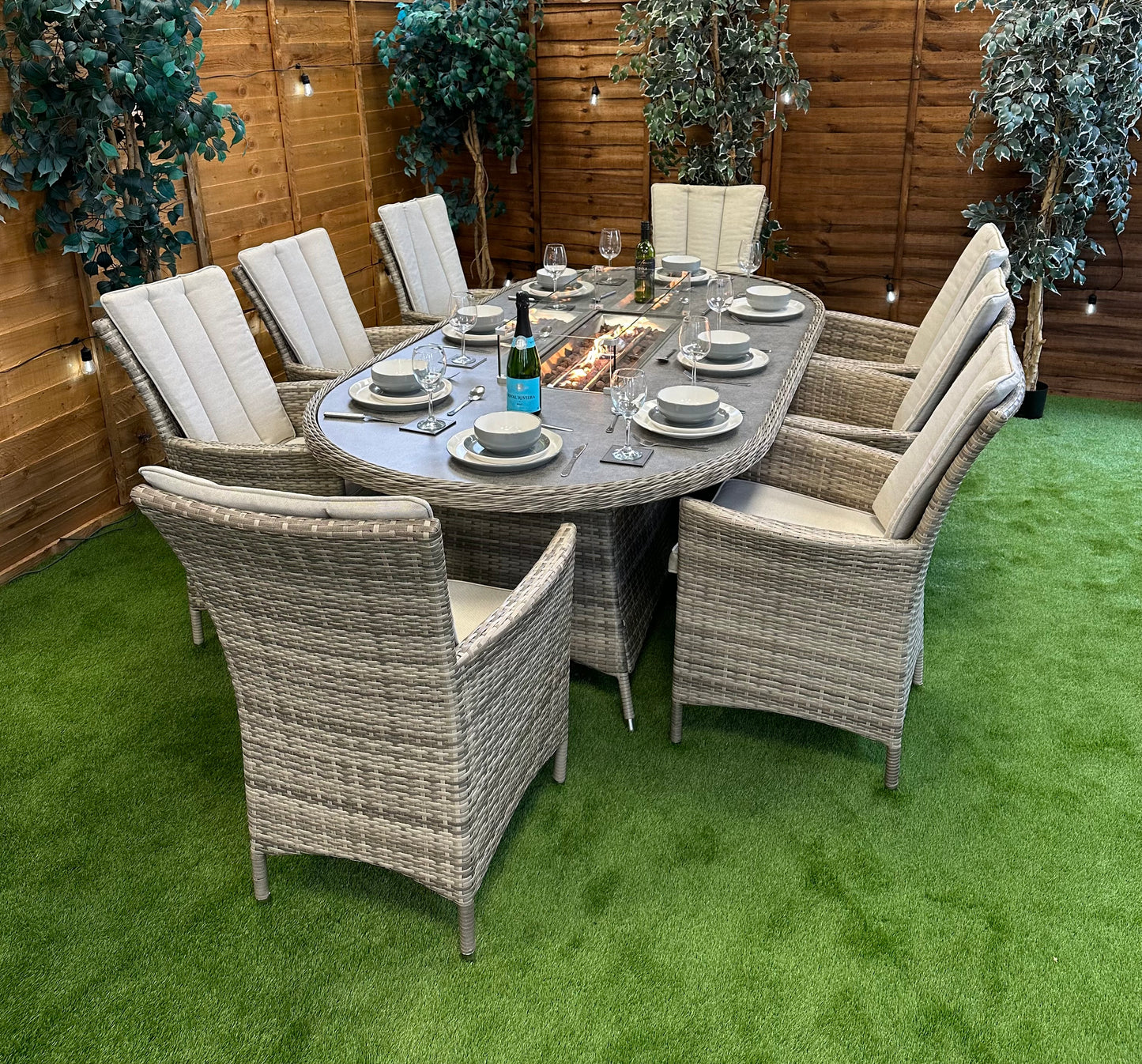 Champagne Rattan Atlanta 8 Seater Oval Fire Pit Dining Set