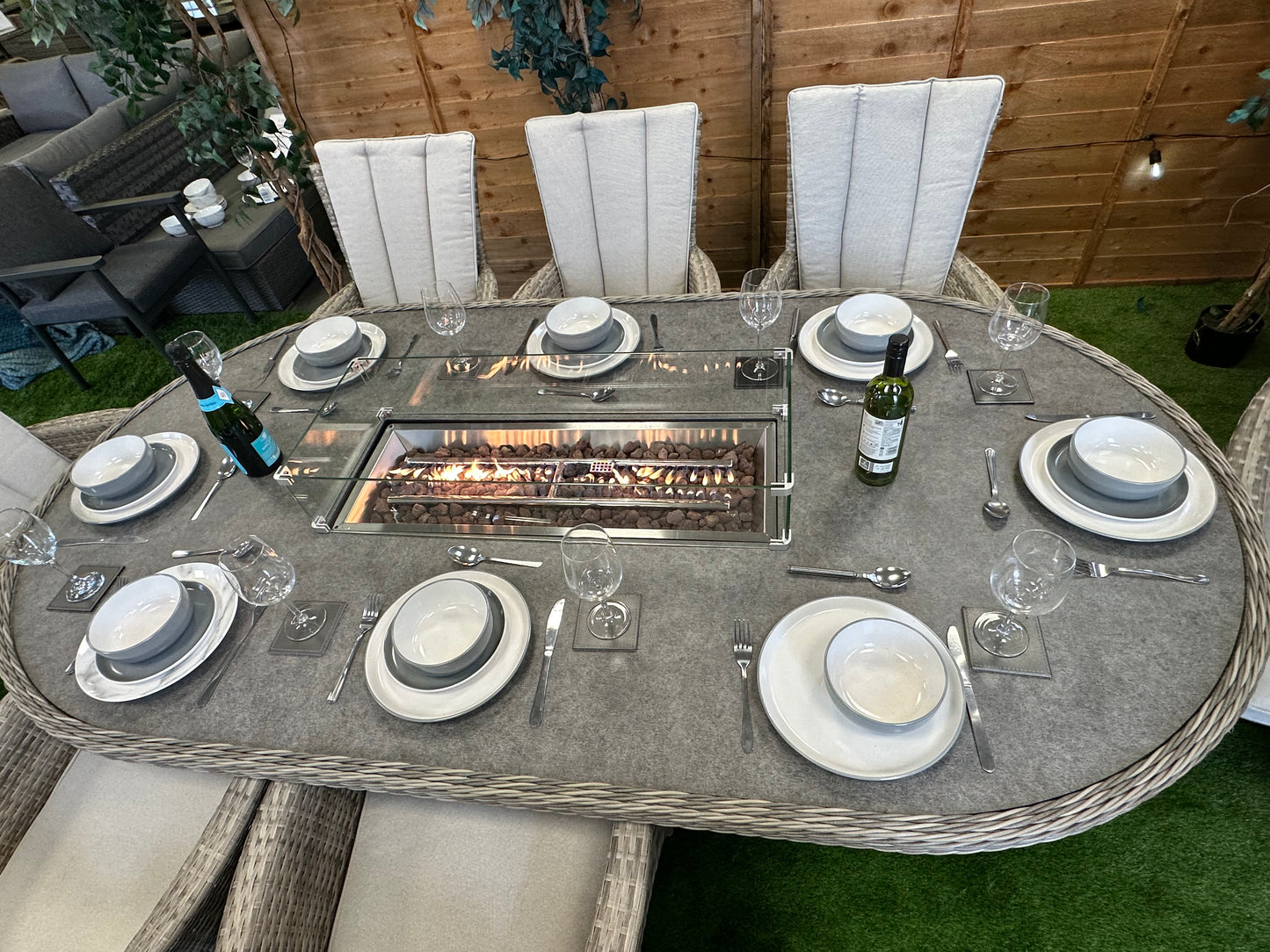 Champagne Rattan Atlanta 8 Seater Oval Fire Pit Dining Set