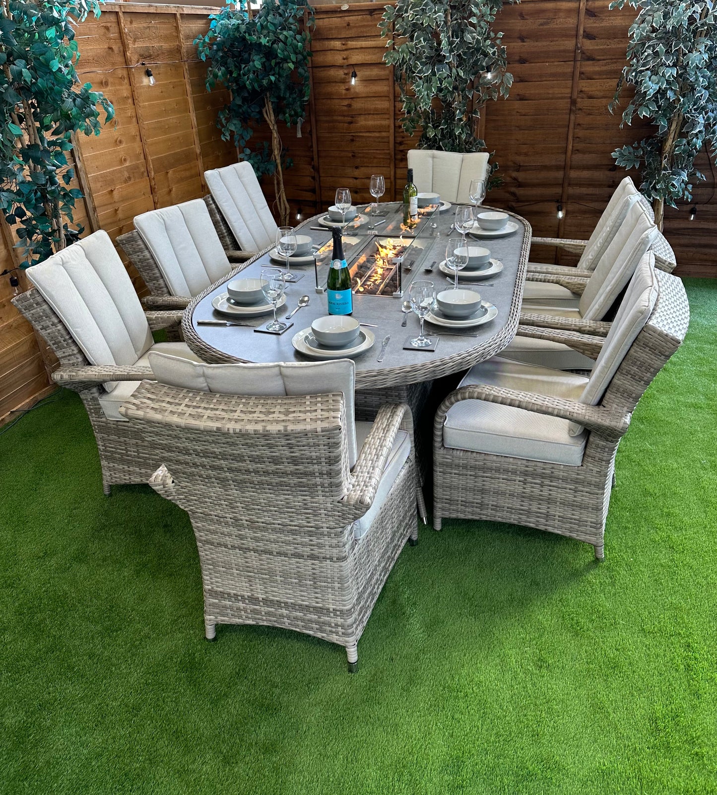 Champagne Rattan Atlanta 8 Seater Oval Fire Pit Dining Set