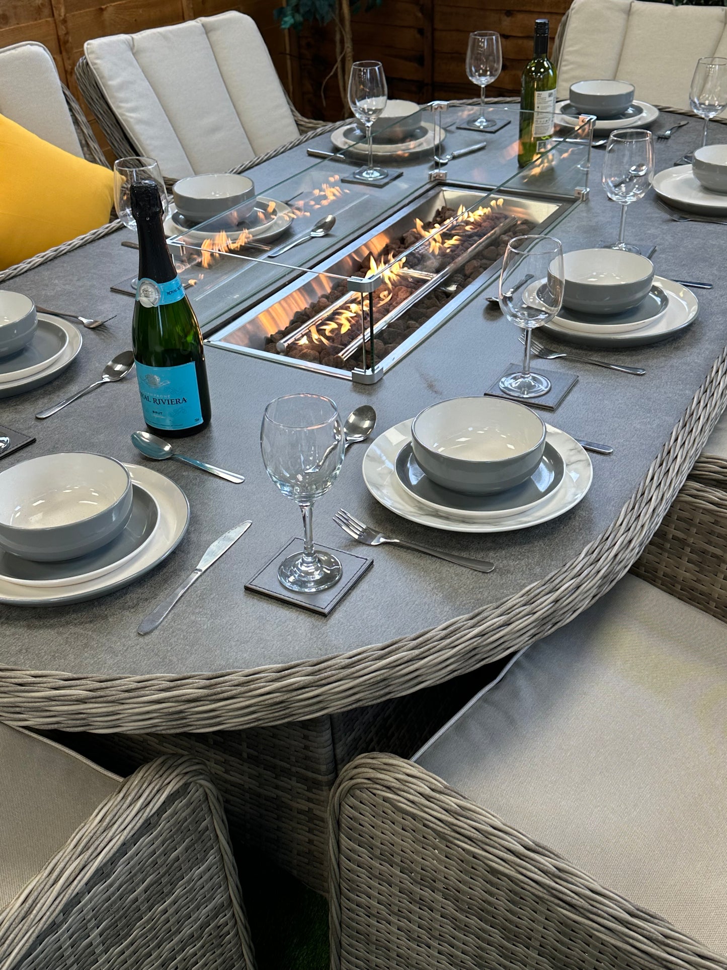 Champagne Rattan Vienna 8 Seater Oval Fire Pit Dining Set