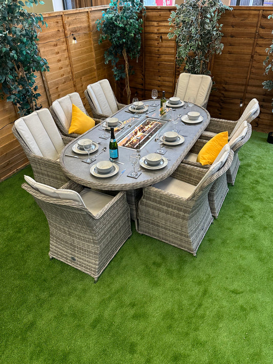 Champagne Rattan Paris 8 Seater Oval Fire Pit Dining Set