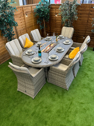 Champagne Rattan Paris 8 Seater Oval Fire Pit Dining Set