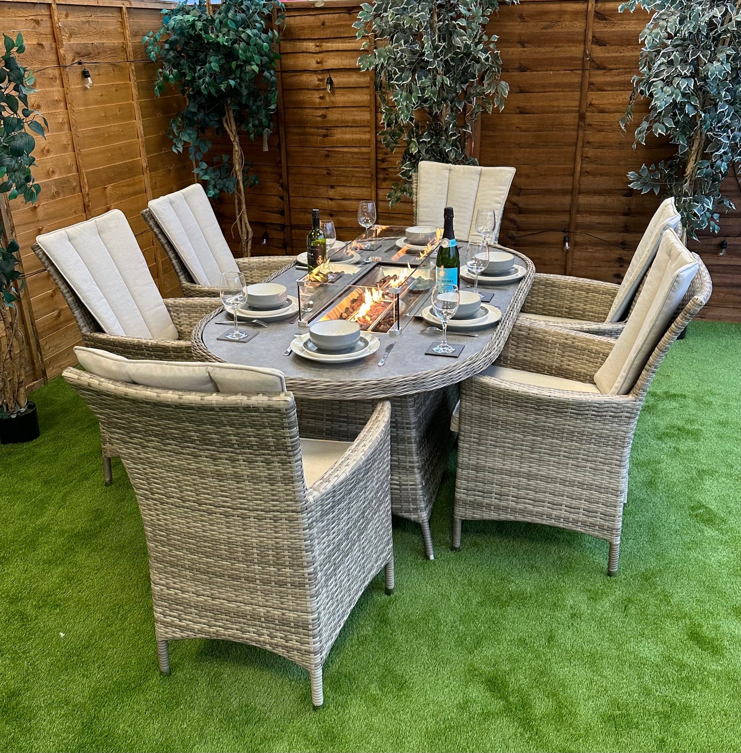 Rattan Champagne Atlanta Oval 6 Seater Fire Pit Dining Set