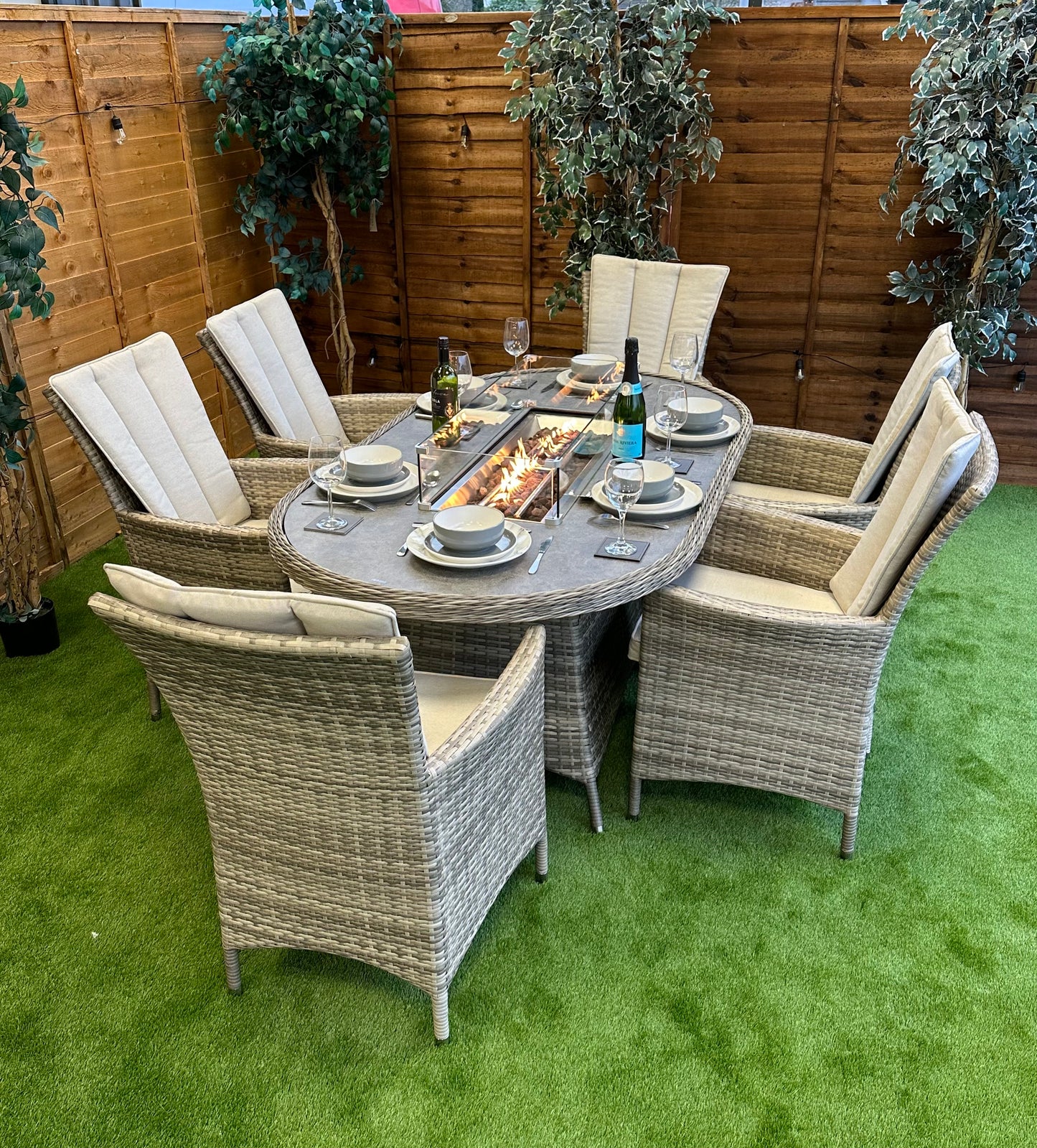 Rattan Champagne Atlanta Oval 6 Seater Fire Pit Dining Set