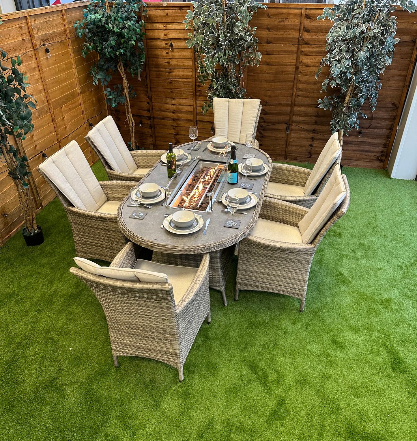 Rattan Champagne Atlanta Oval 6 Seater Fire Pit Dining Set