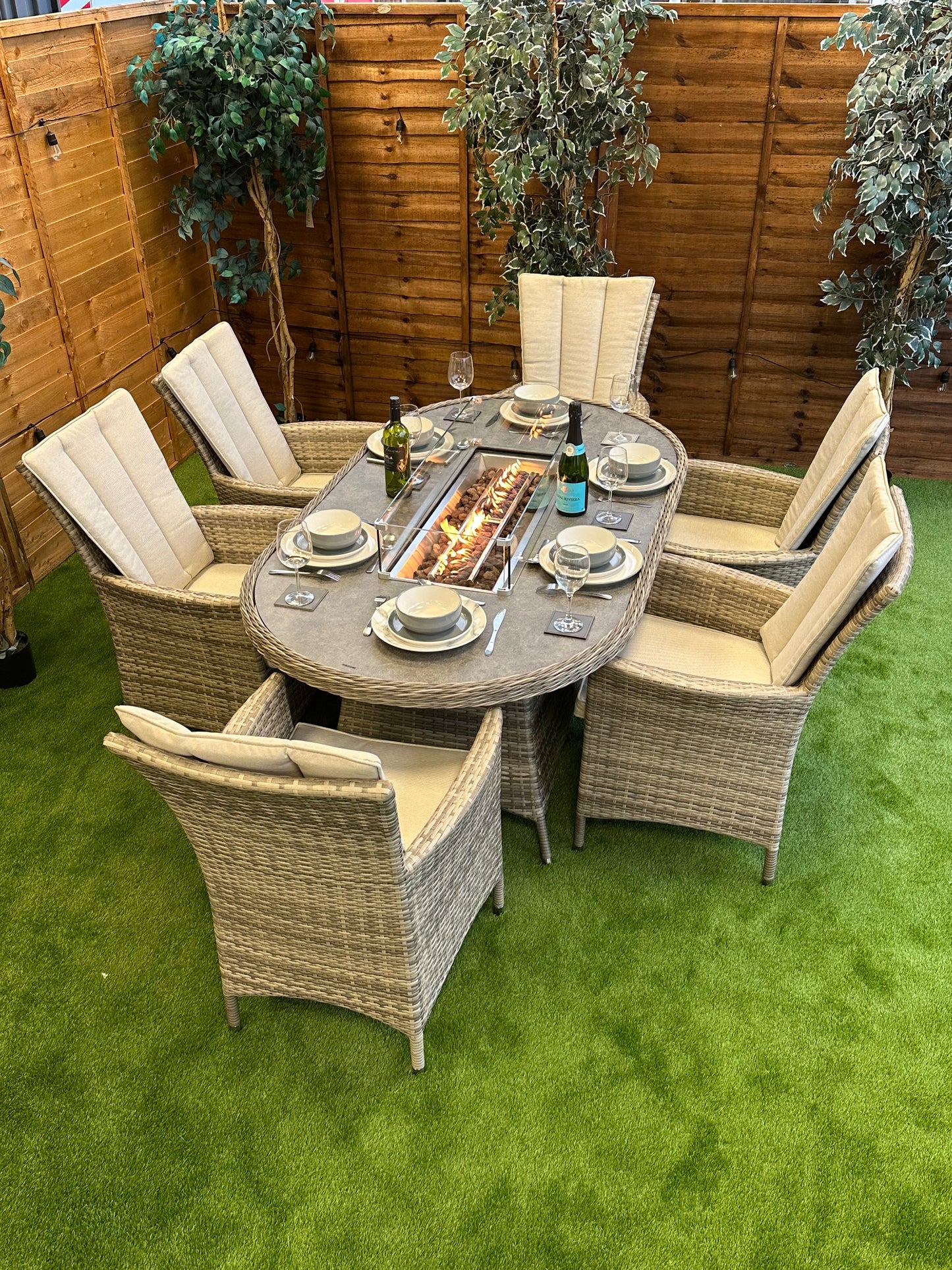 Rattan Champagne Atlanta Oval 6 Seater Fire Pit Dining Set