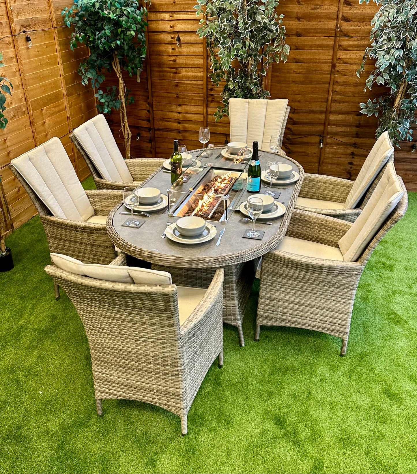 Rattan Champagne Atlanta Oval 6 Seater Fire Pit Dining Set