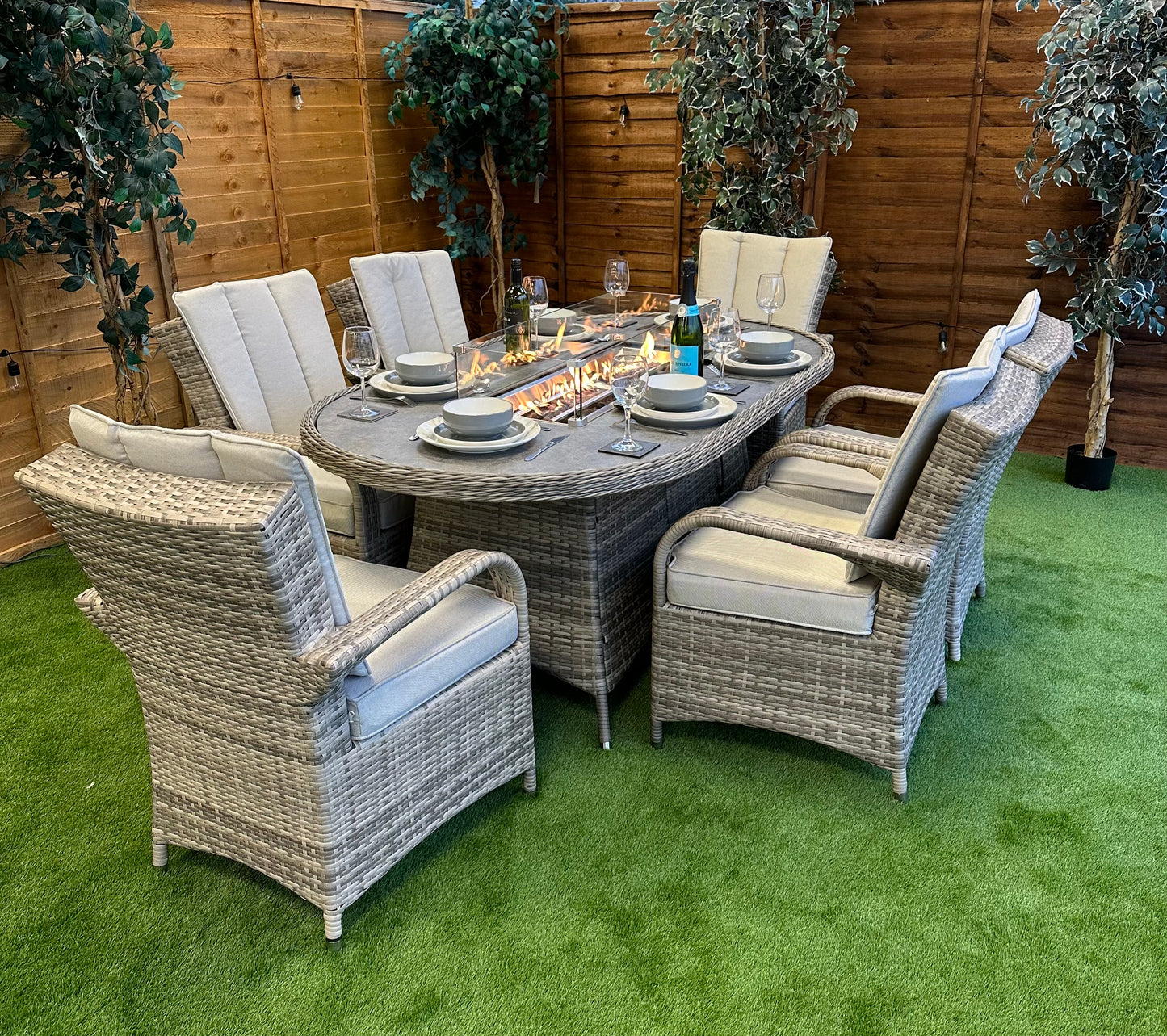 Champagne Rattan Tokyo 6 Seater Oval Fire Pit Dining Set