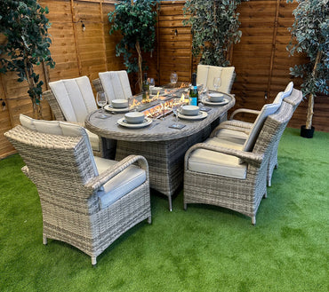 Champagne Rattan Tokyo 6 Seater Oval Fire Pit Dining Set