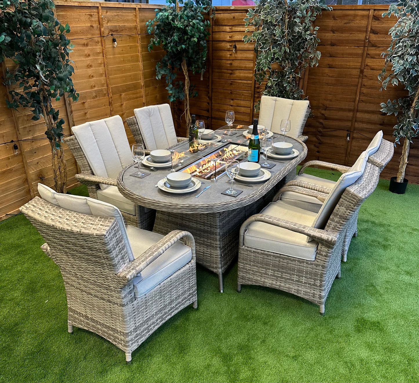 Champagne Rattan Tokyo 6 Seater Oval Fire Pit Dining Set