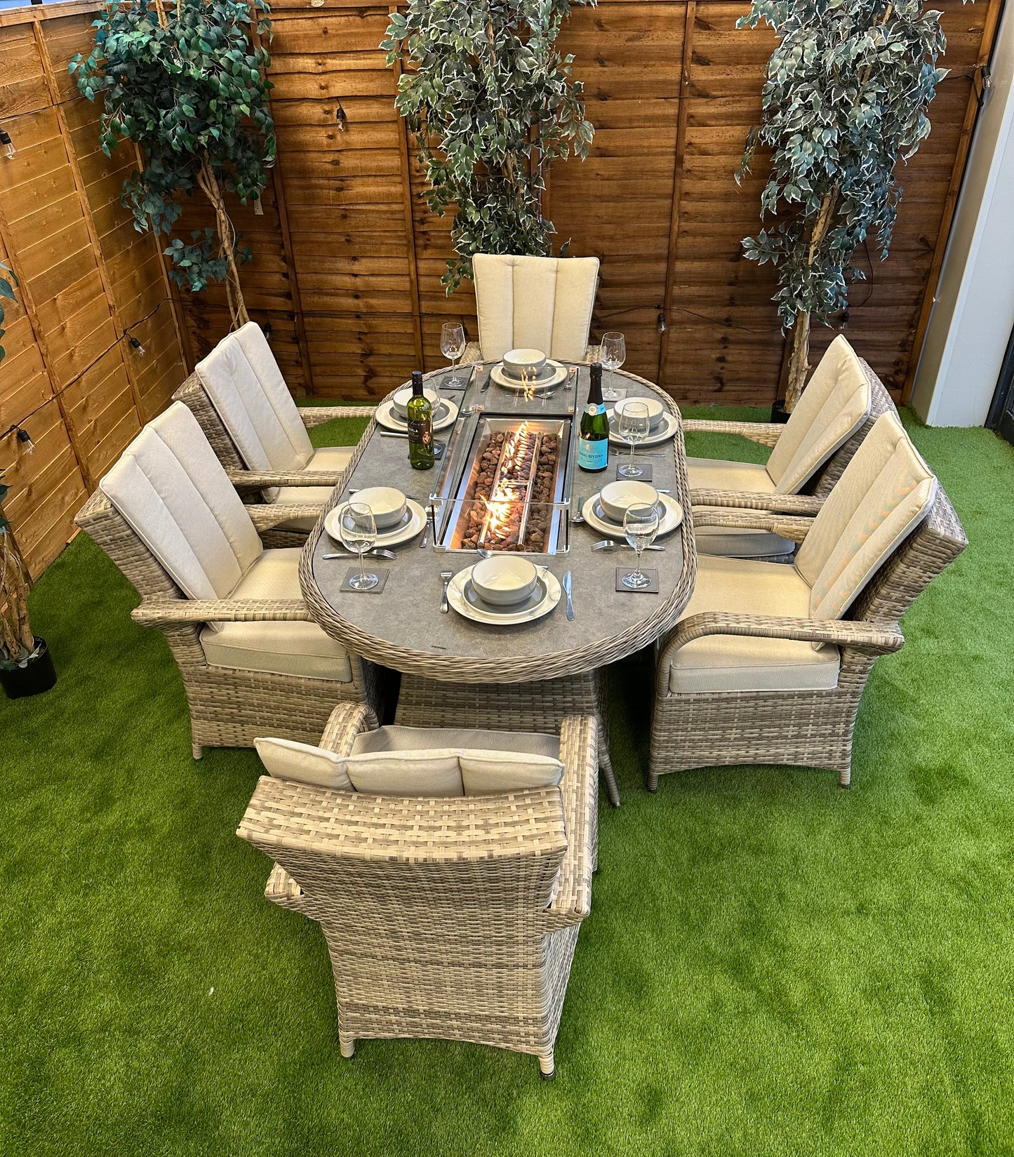 Champagne Rattan Tokyo 6 Seater Oval Fire Pit Dining Set