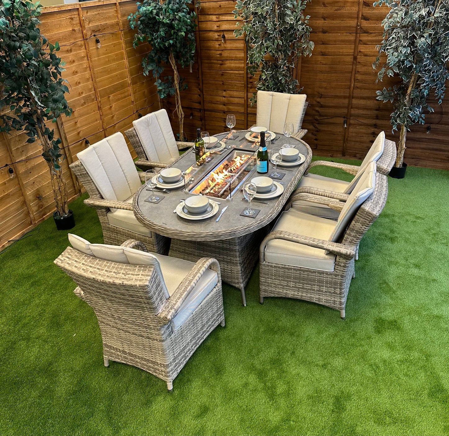 Champagne Rattan Tokyo 6 Seater Oval Fire Pit Dining Set