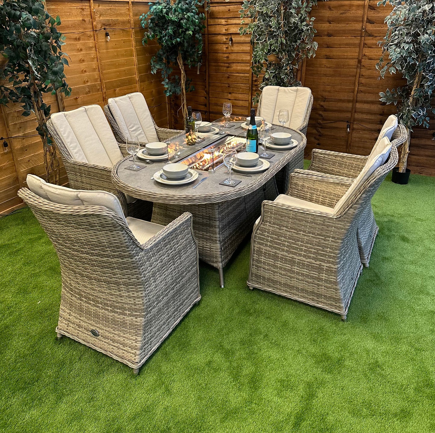 Rattan Champagne Paris 6 Seater Oval Fire Pit Dining Set