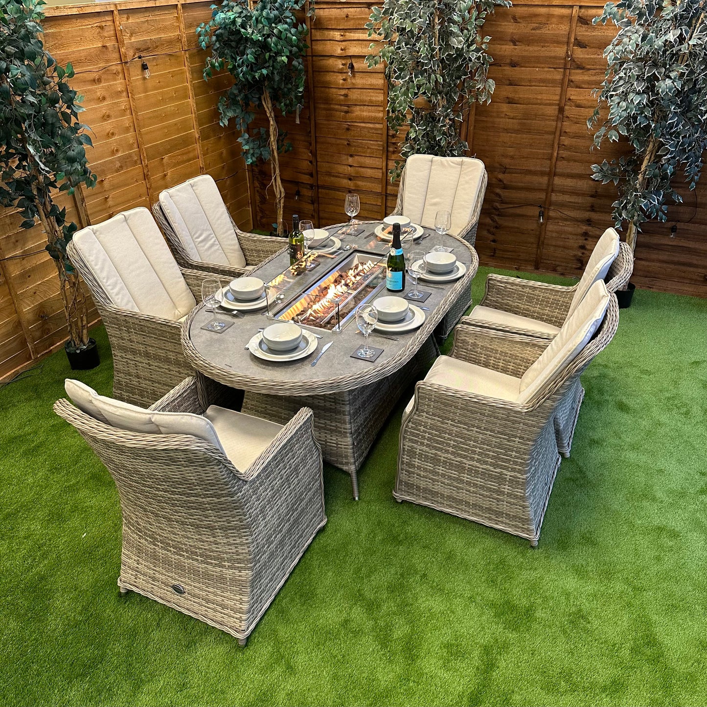 Rattan Champagne Paris 6 Seater Oval Fire Pit Dining Set