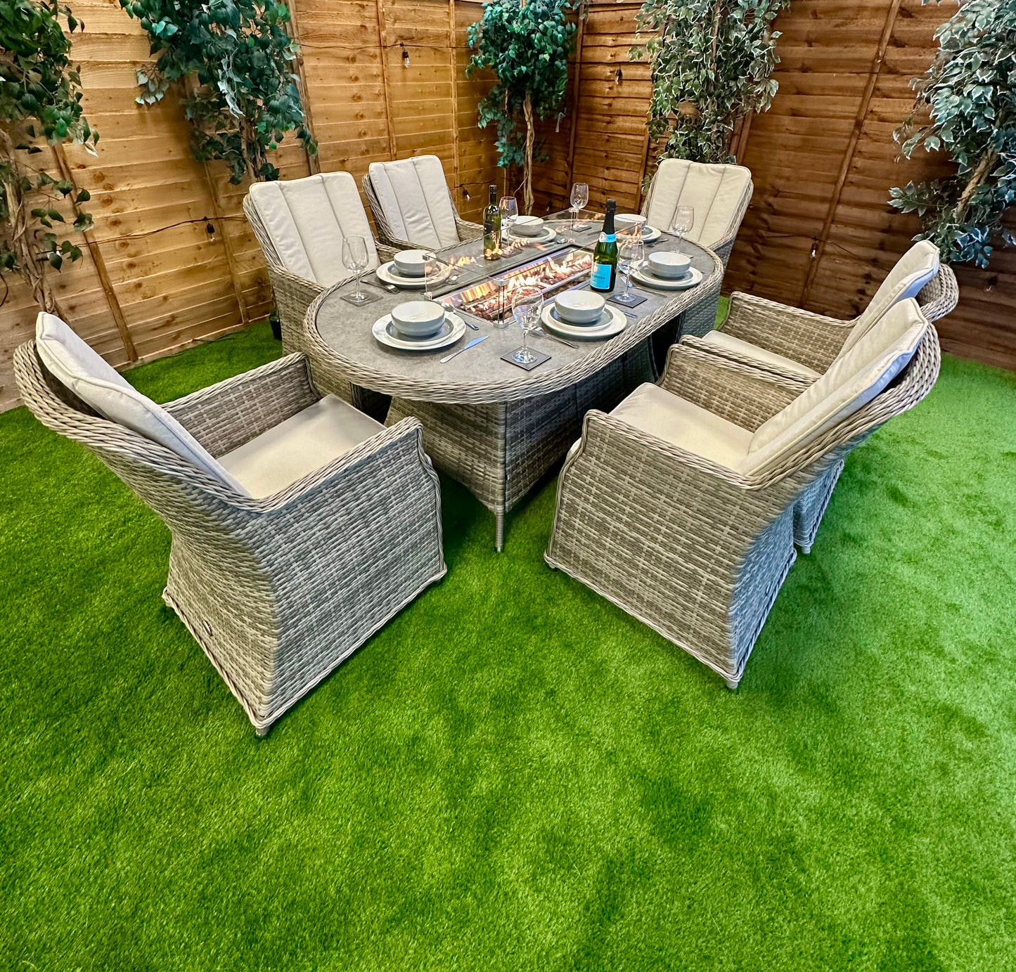 Rattan Champagne Paris 6 Seater Oval Fire Pit Dining Set