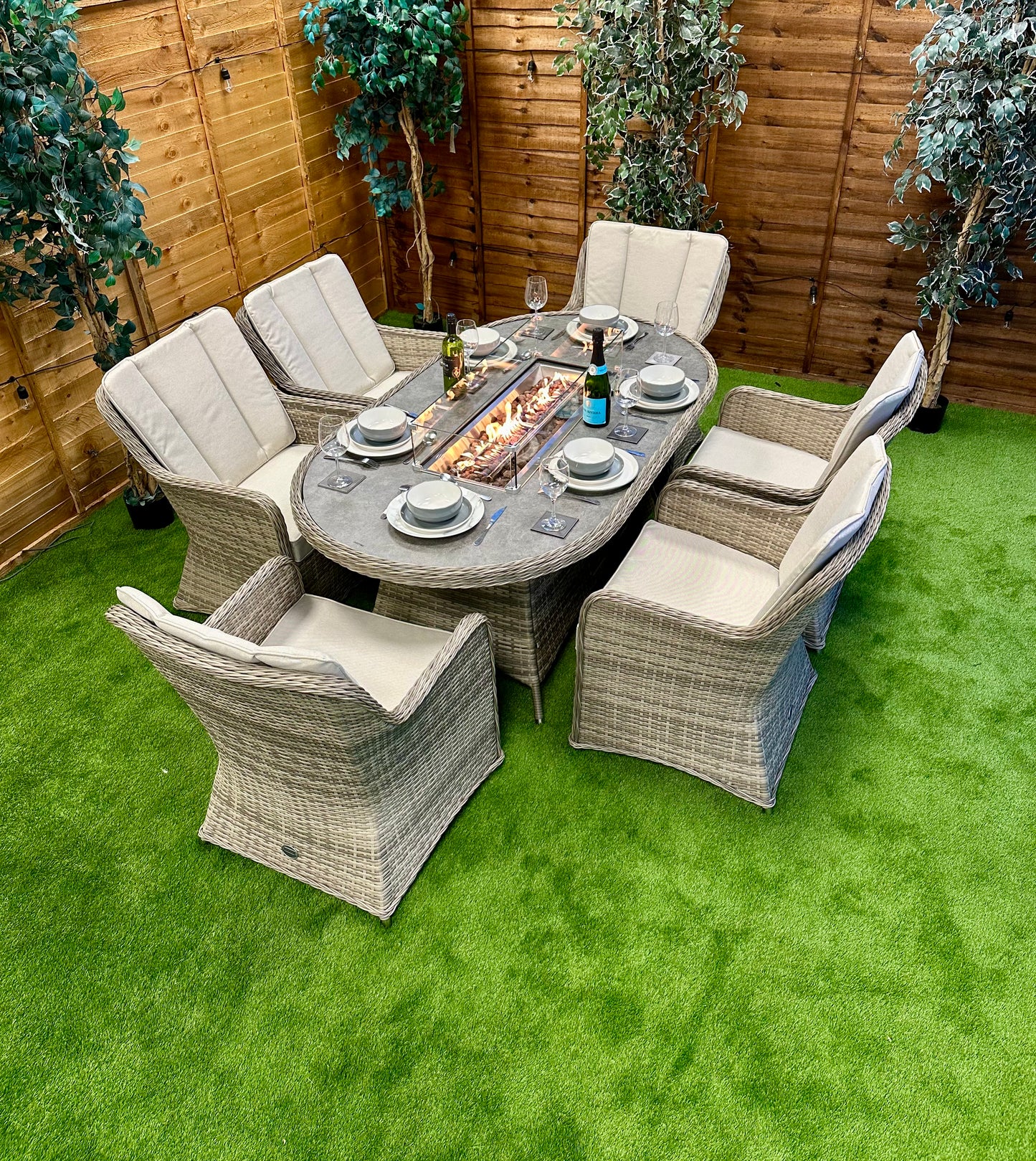 Champagne Rattan Vienna 6 Seater Oval Fire Pit Dining Set