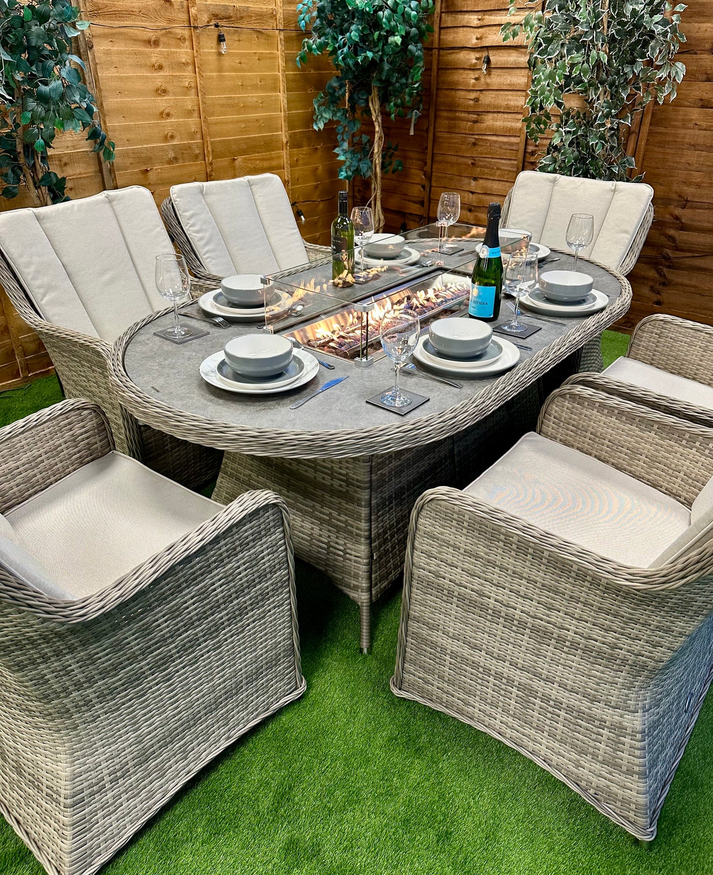 Champagne Rattan Vienna 6 Seater Oval Fire Pit Dining Set