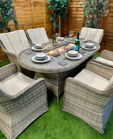 Champagne Rattan Vienna 6 Seater Oval Fire Pit Dining Set
