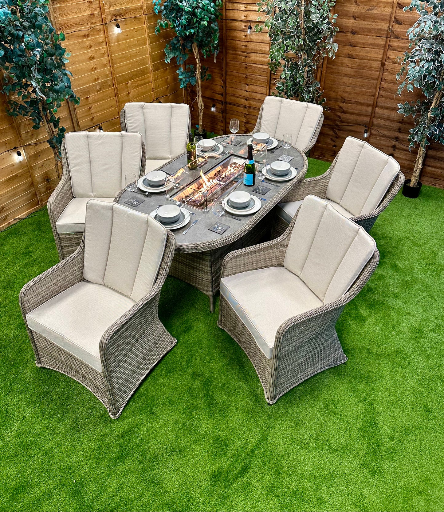 Champagne Rattan Vienna 6 Seater Oval Fire Pit Dining Set