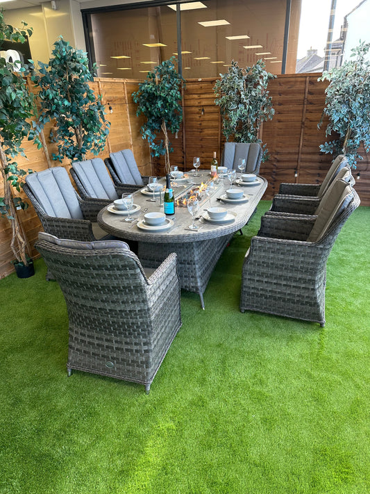 Serena Rattan Paris 8 Seater Oval Fire Pit Dining Set