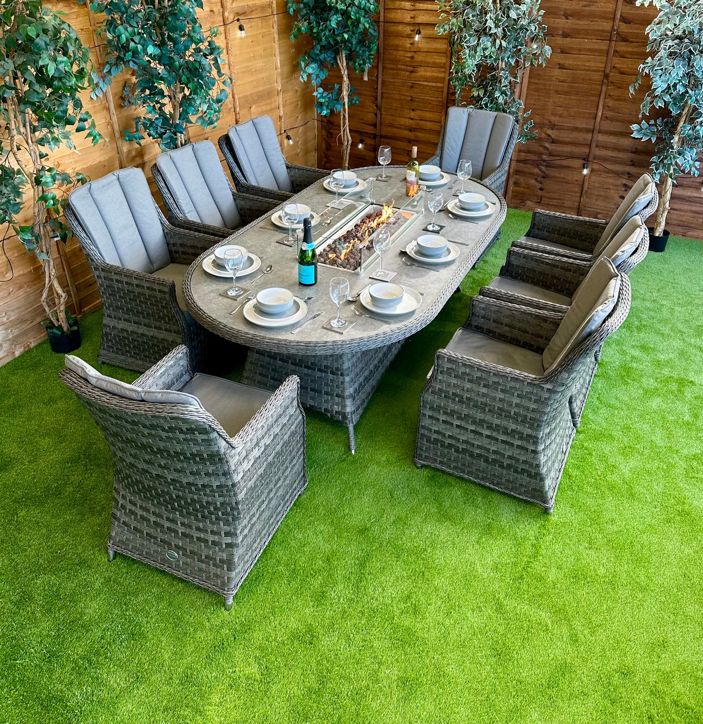 Serena Rattan Paris 8 Seater Oval Fire Pit Dining Set