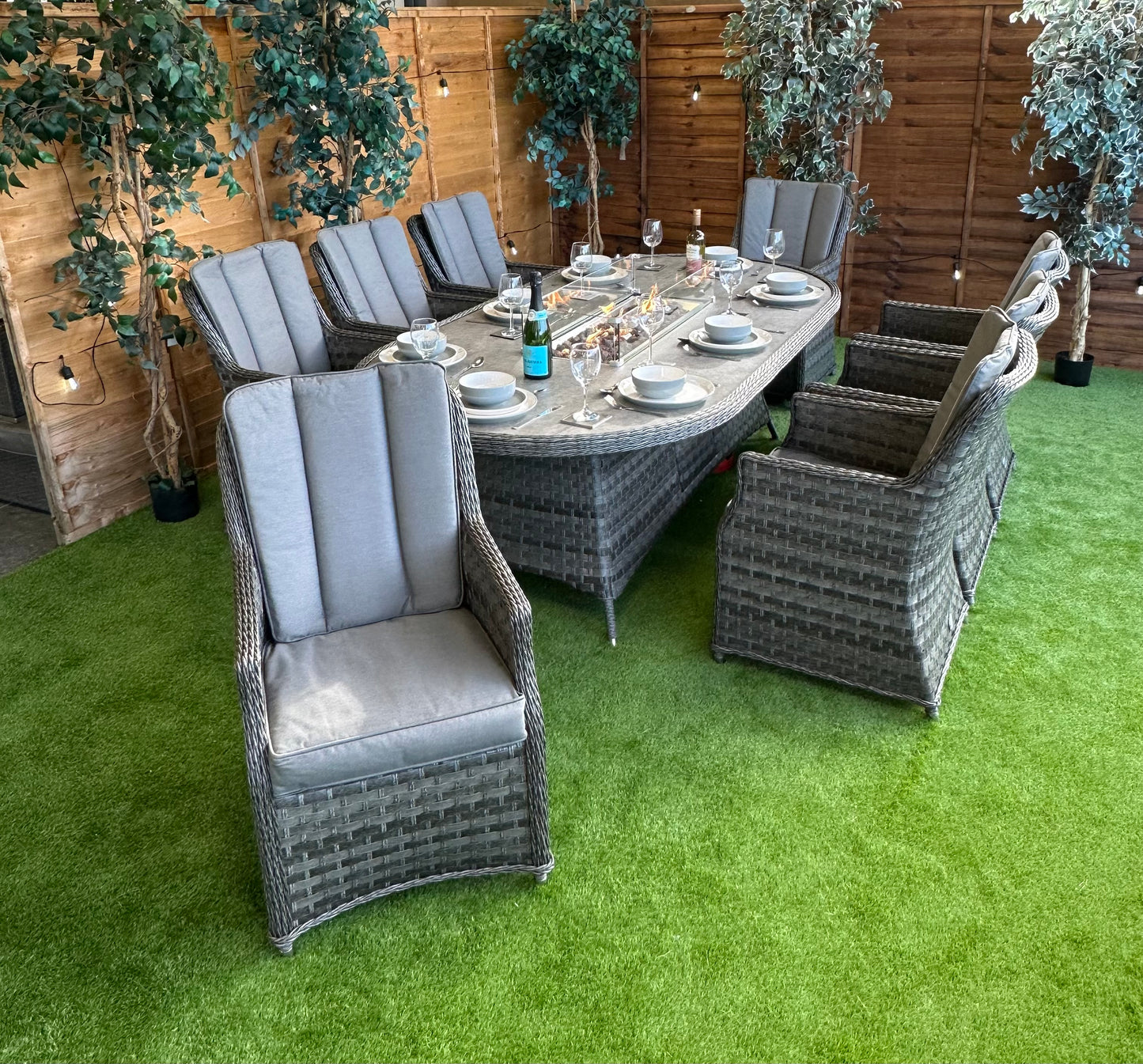 Serena Rattan Paris 8 Seater Oval Fire Pit Dining Set