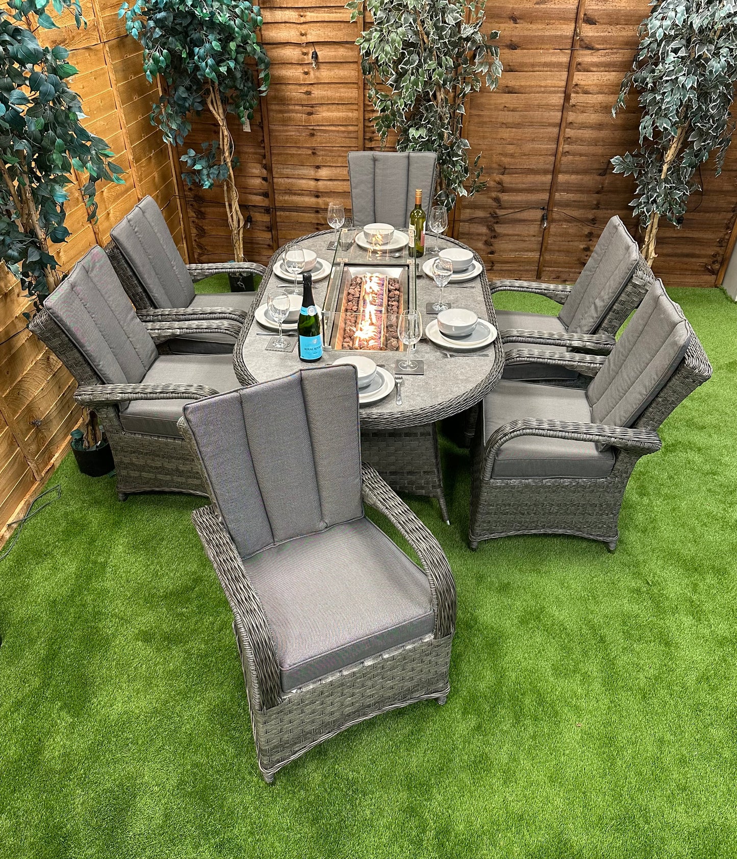Serena Rattan Tokyo 6 Seater Oval Fire Pit Dining Set